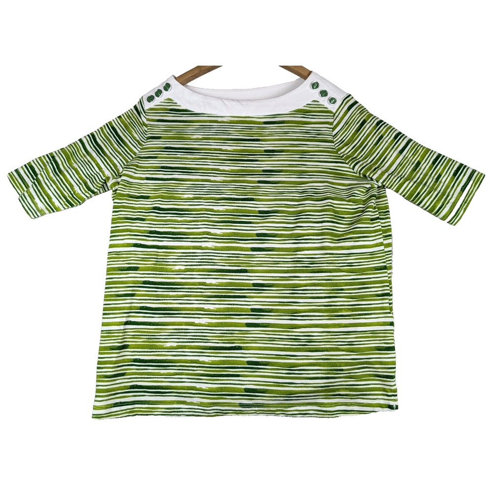Appleseeds PS Heathered Green White Striped Button Accents 1/4 Sleeve Side Slits
